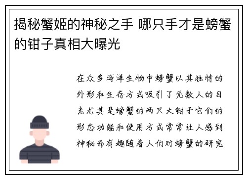 揭秘蟹姬的神秘之手 哪只手才是螃蟹的钳子真相大曝光